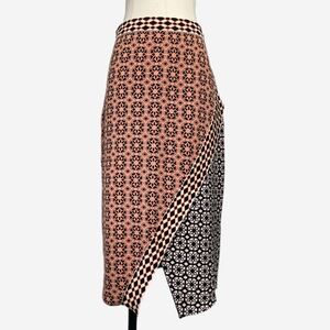 Anthropologie mixed pattern faux wrap knit pull on skirt midi stretchy mod M